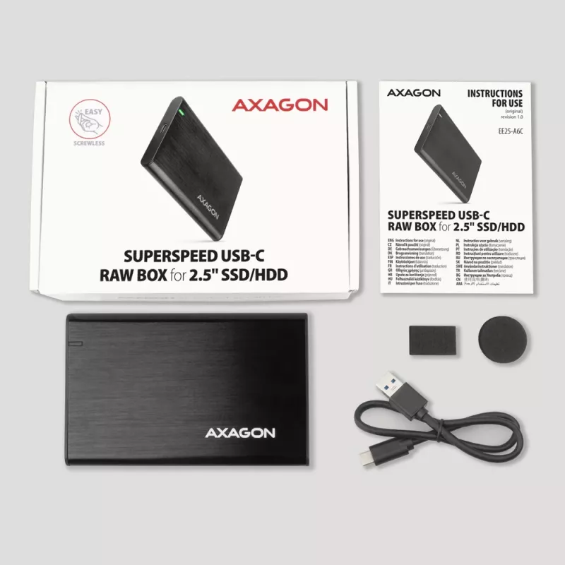 2,5-tolline HDD/SSD korpus AXAGON EE25-A6C — SATA, USB 3.2 Gen 1 (Type-C & Type-A), alumiinium, must