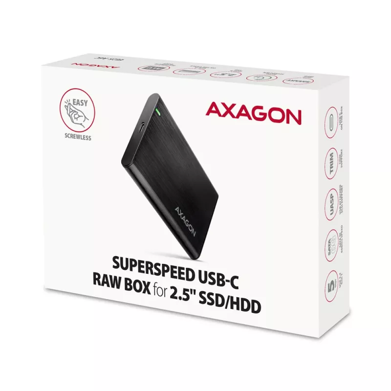 2,5-tolline HDD/SSD korpus AXAGON EE25-A6C — SATA, USB 3.2 Gen 1 (Type-C & Type-A), alumiinium, must