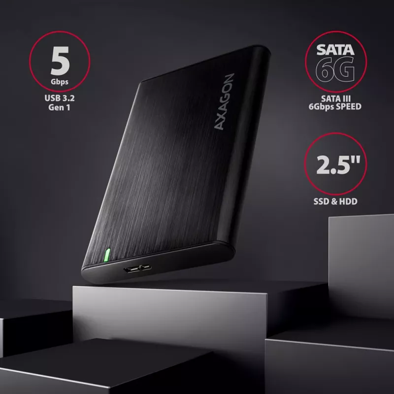 HDD/SSD korpus AXAGON EE25-A6M — 2,5-tolline SATA, USB 3.2 Gen 1 (5 Gbit/s), Micro-USB B USB Type-A, alumiinium, must