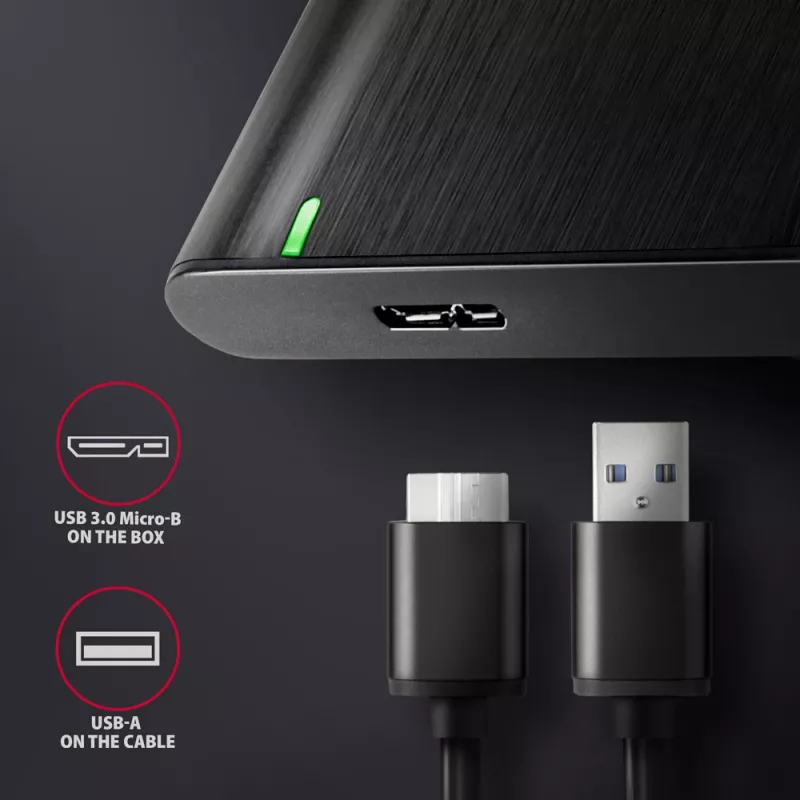 HDD/SSD korpus AXAGON EE25-A6M — 2,5-tolline SATA, USB 3.2 Gen 1 (5 Gbit/s), Micro-USB B USB Type-A, alumiinium, must