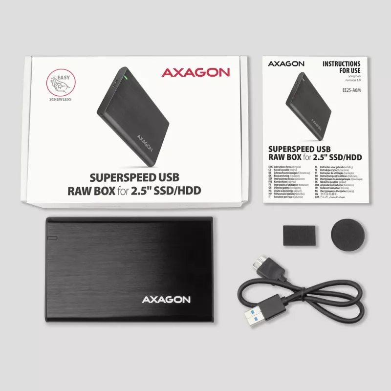 HDD/SSD korpus AXAGON EE25-A6M — 2,5-tolline SATA, USB 3.2 Gen 1 (5 Gbit/s), Micro-USB B USB Type-A, alumiinium, must