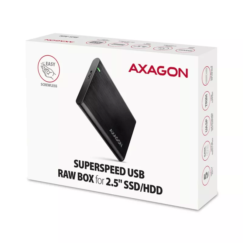 HDD/SSD korpus AXAGON EE25-A6M — 2,5-tolline SATA, USB 3.2 Gen 1 (5 Gbit/s), Micro-USB B USB Type-A, alumiinium, must