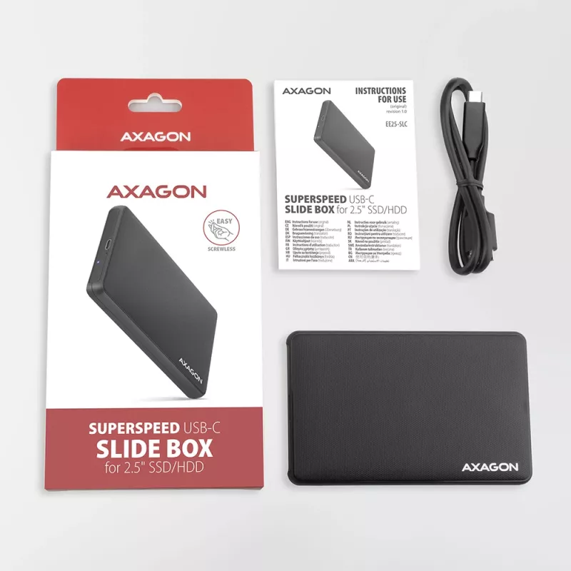 Axagon EE25-SLC Kruvivaba USB-C 3.2 Gen 1 - SATA 6G väline karp 2,5-tollisele SSD/HDD-le
