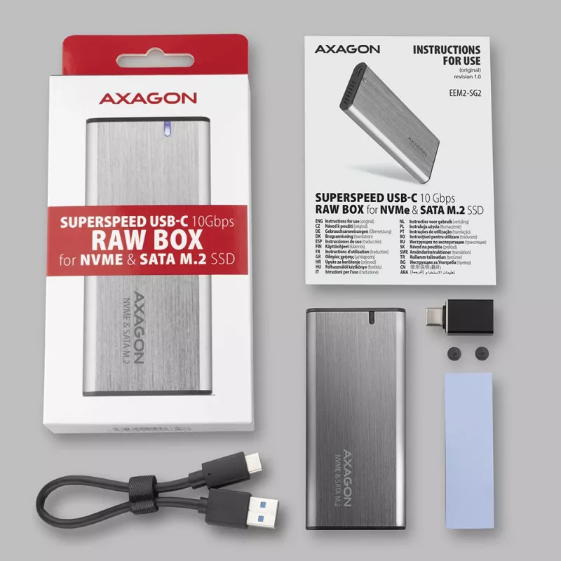 Axagon EEM2-SG2 SuperSpeed+ USB-C – M.2 NVMe ja SATA SSD RAW karp