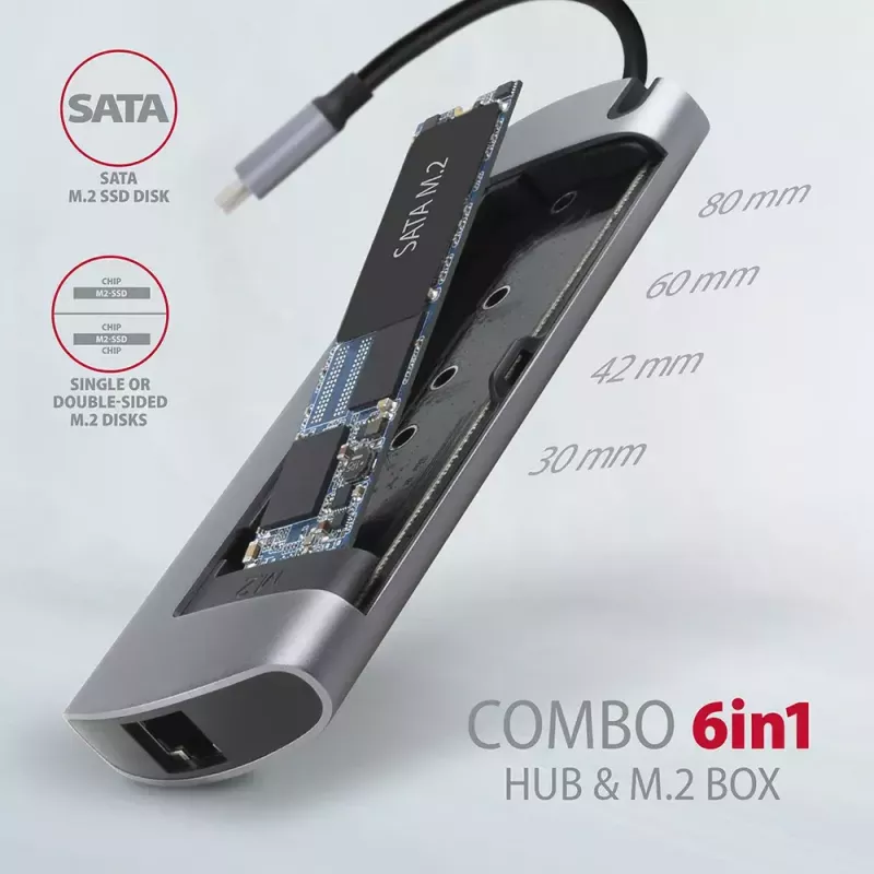 Axagon HMC-6M2 USB 3.2 Gen 1 jaotur, 2x USB-A, HDMI, RJ-45, SATA M.2, PD 100W, USB-C kaabel