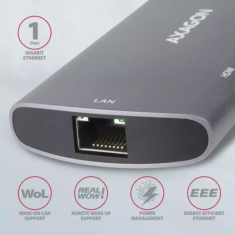 Axagon HMC-6M2 USB 3.2 Gen 1 jaotur, 2x USB-A, HDMI, RJ-45, SATA M.2, PD 100W, USB-C kaabel