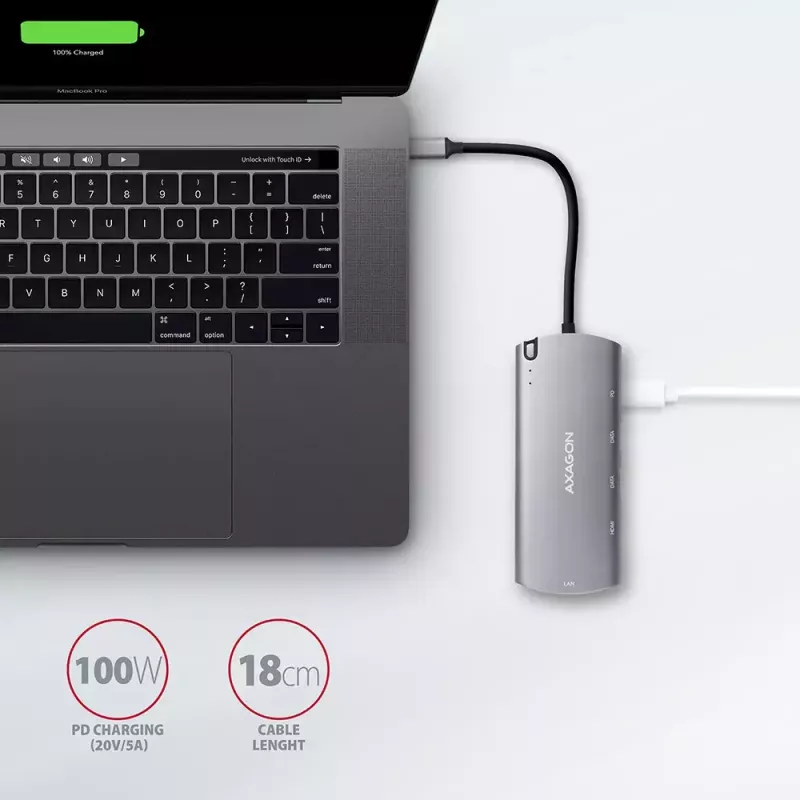 Axagon HMC-6M2 USB 3.2 Gen 1 jaotur, 2x USB-A, HDMI, RJ-45, SATA M.2, PD 100W, USB-C kaabel