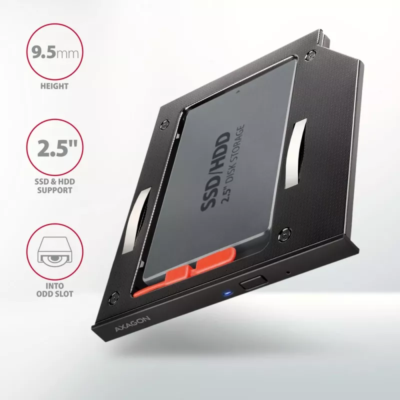 Axagon RSS-CD09 2.5 inch SSD/HDD kassett DVD pesasse 9,5 mm LED ALU liidesekaart/adapter Sisemine SATA
