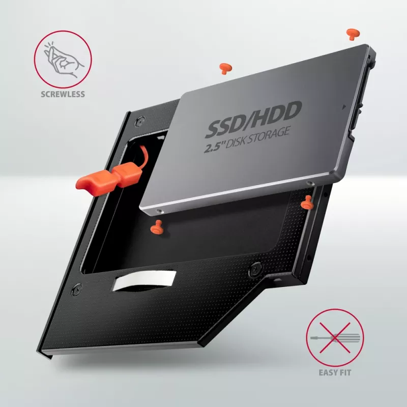 Axagon RSS-CD09 2.5 inch SSD/HDD kassett DVD pesasse 9,5 mm LED ALU liidesekaart/adapter Sisemine SATA