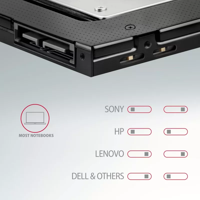 Axagon RSS-CD09 2.5 inch SSD/HDD kassett DVD pesasse 9,5 mm LED ALU liidesekaart/adapter Sisemine SATA