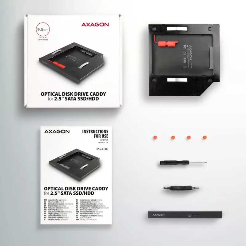 Axagon RSS-CD09 2.5 inch SSD/HDD kassett DVD pesasse 9,5 mm LED ALU liidesekaart/adapter Sisemine SATA