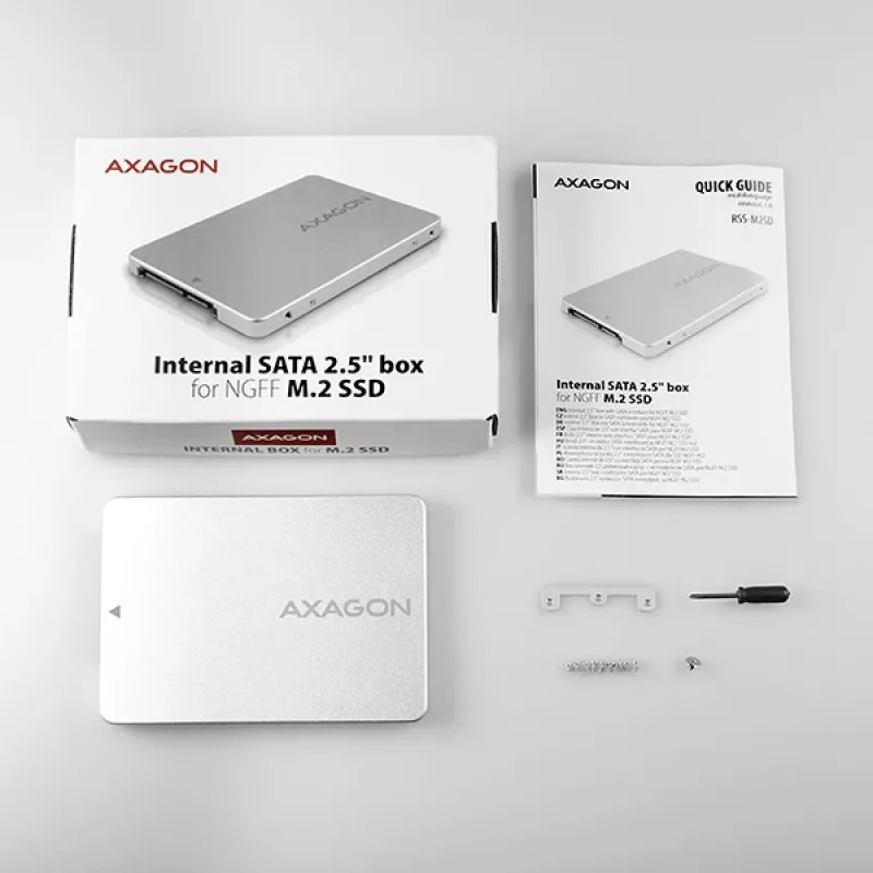 Axagon RSS-M2SD SATA - M.2 SATA SSD, sisemine 2,5-tolline ALU korpus, hõbedane