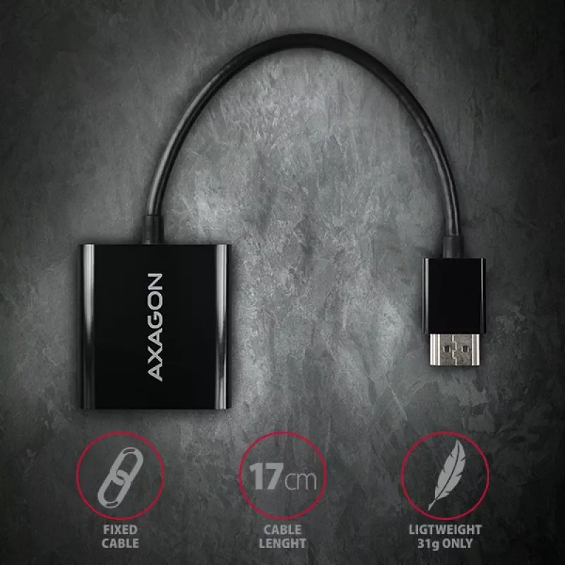 Axagon RVH-VGAN HDMI -> VGA adapter FullHD, 1920x1200, heli VÄLJUND, toite SISEND