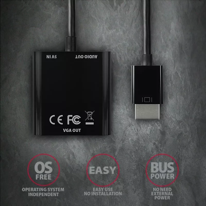 Axagon RVH-VGAN HDMI -> VGA adapter FullHD, 1920x1200, heli VÄLJUND, toite SISEND