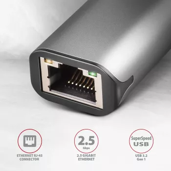 2,5 Gigabit Etherneti adapter AXAGON ADE-25R — USB Type-C, 10/100/1000/2500 Mbit, 5000 Mbit/s, alumiinium, hall