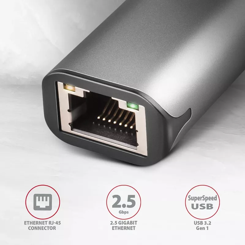 2,5 Gigabit Etherneti adapter AXAGON ADE-25R — USB Type-C, 10/100/1000/2500 Mbit, 5000 Mbit/s, alumiinium, hall