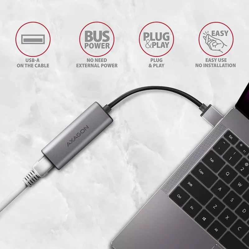 2,5 Gigabit Etherneti adapter AXAGON ADE-25R — USB Type-C, 10/100/1000/2500 Mbit, 5000 Mbit/s, alumiinium, hall