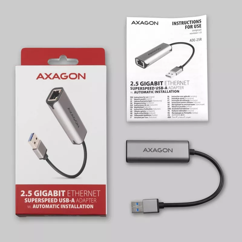 2,5 Gigabit Etherneti adapter AXAGON ADE-25R — USB Type-C, 10/100/1000/2500 Mbit, 5000 Mbit/s, alumiinium, hall