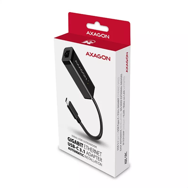 Axagon ADE-SRC USB-C gigabit Etherneti adapter, juhtmega, USB Type-C, Ethernet, 1000 Mbit/s, must