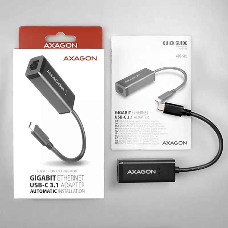 Axagon ADE-SRC USB-C gigabit Etherneti adapter, juhtmega, USB Type-C, Ethernet, 1000 Mbit/s, must