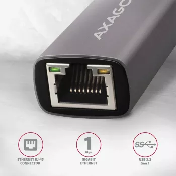 AXAGON USB 3.2 Gen 1 Type-A Gigabit Ethernet adapter ADE-TR — 10/100/1000 Mbps, metallist titaanhall, 5000 Mbit/s