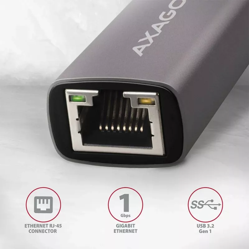 AXAGON USB 3.2 Gen 1 Type-A Gigabit Ethernet adapter ADE-TR — 10/100/1000 Mbps, metallist titaanhall, 5000 Mbit/s