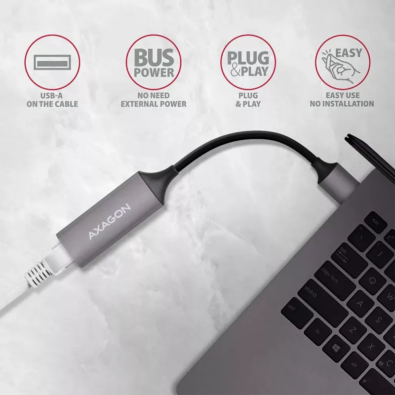 AXAGON USB 3.2 Gen 1 Type-A Gigabit Ethernet adapter ADE-TR — 10/100/1000 Mbps, metallist titaanhall, 5000 Mbit/s
