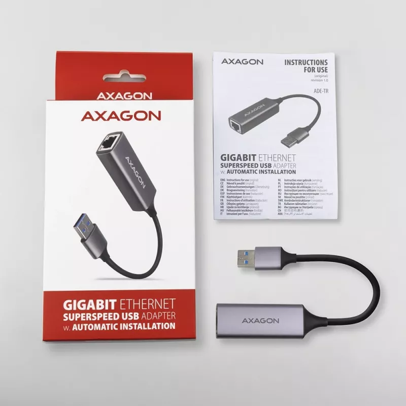 AXAGON USB 3.2 Gen 1 Type-A Gigabit Ethernet adapter ADE-TR — 10/100/1000 Mbps, metallist titaanhall, 5000 Mbit/s