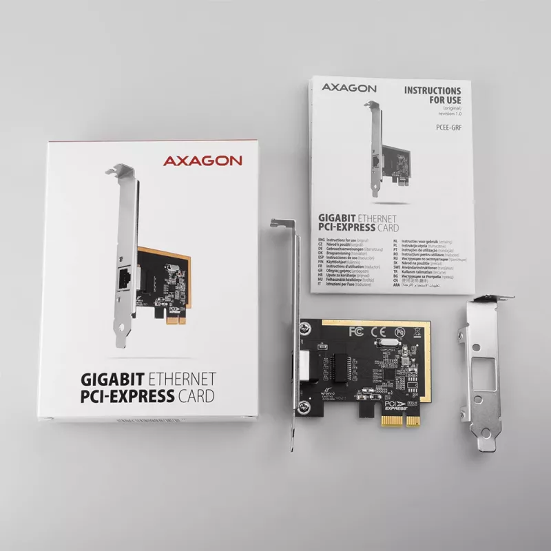 Axagon PCEE-GRF PCIe - Gigabit Ethernet adapter Realtek 8111F koos standardse ja madala profiiliga kronsteiniga