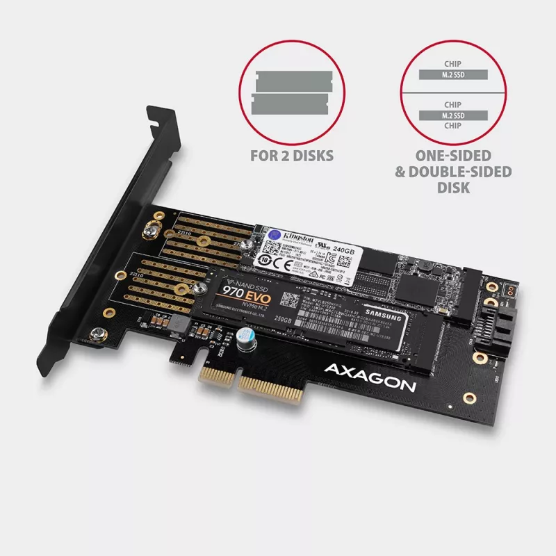 Axagon PCEM2-D PCIe x4 - M.2 NVMe M-võti + SATA B-võti pesa adapter koos SP ja LP-ga