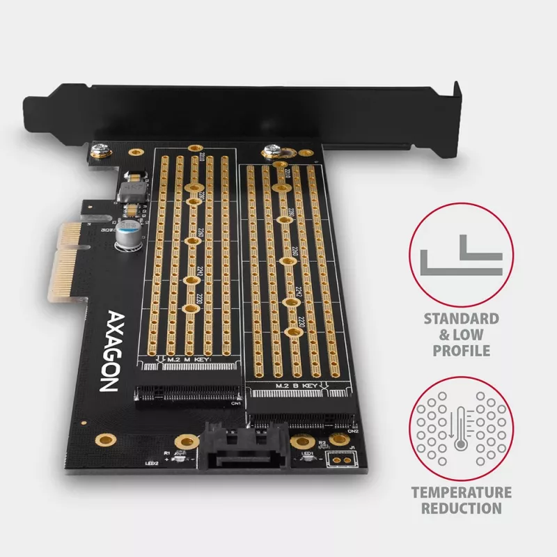 Axagon PCEM2-D PCIe x4 - M.2 NVMe M-võti + SATA B-võti pesa adapter koos SP ja LP-ga