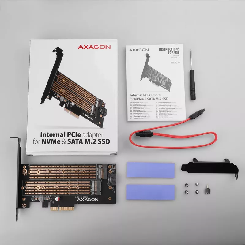 Axagon PCEM2-D PCIe x4 - M.2 NVMe M-võti + SATA B-võti pesa adapter koos SP ja LP-ga
