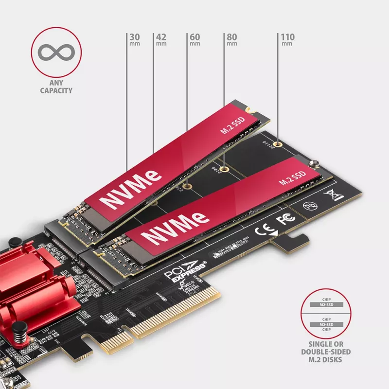 Axagon PCEM2-ND PCIe x8 - kahe M.2 NVMe M-võtmega pesa adapter, RAID, andmelüliti, koos SP ja LP