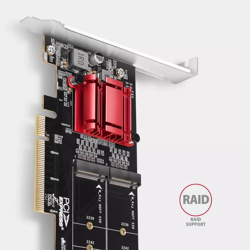 Axagon PCEM2-ND PCIe x8 - kahe M.2 NVMe M-võtmega pesa adapter, RAID, andmelüliti, koos SP ja LP