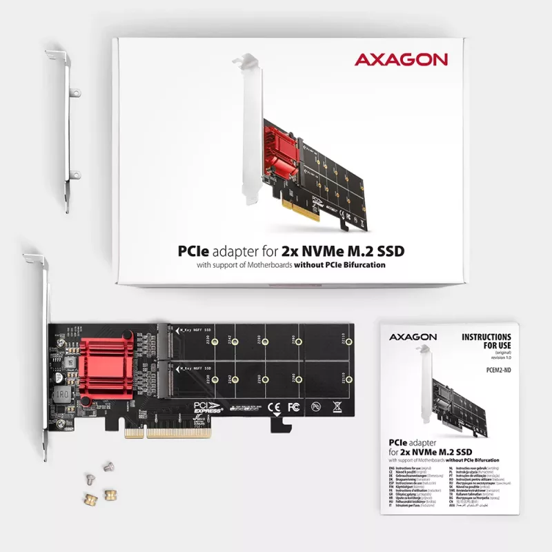 Axagon PCEM2-ND PCIe x8 - kahe M.2 NVMe M-võtmega pesa adapter, RAID, andmelüliti, koos SP ja LP