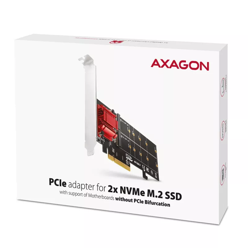 Axagon PCEM2-ND PCIe x8 - kahe M.2 NVMe M-võtmega pesa adapter, RAID, andmelüliti, koos SP ja LP