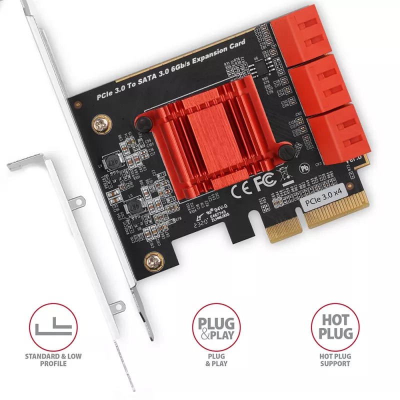 Liidesekaart AXAGON PCES-SA6 — PCIe SATA-le (ASM1166), 6 Gbit/s, täiskõrgus/madalprofiil, sisemine