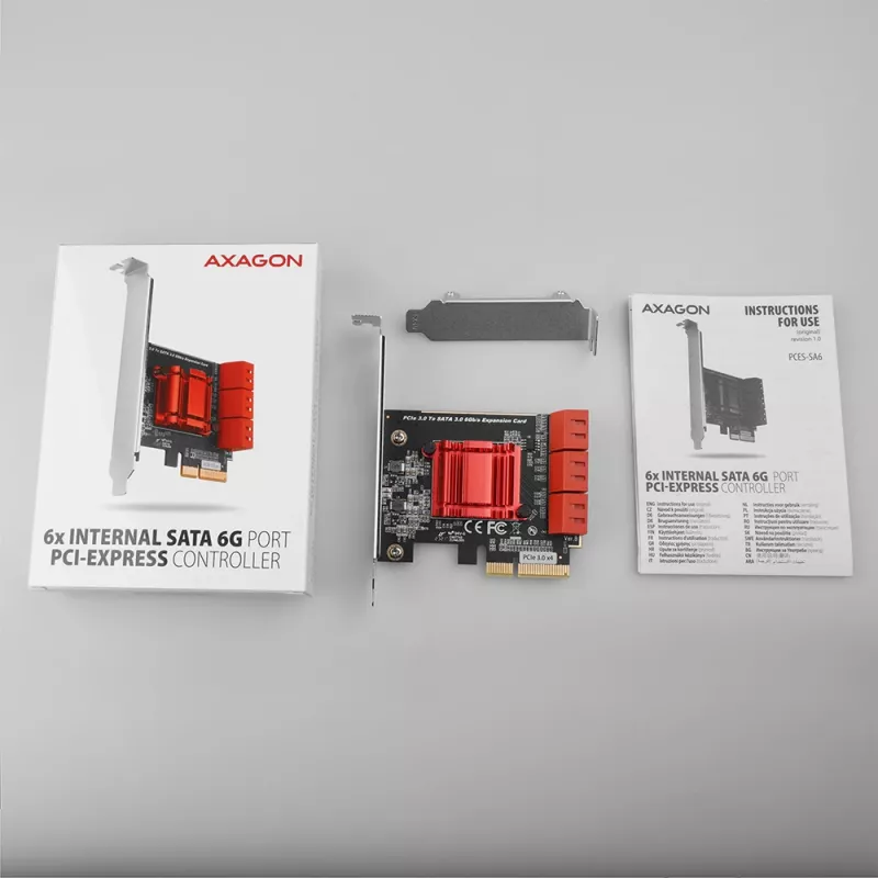 Liidesekaart AXAGON PCES-SA6 — PCIe SATA-le (ASM1166), 6 Gbit/s, täiskõrgus/madalprofiil, sisemine