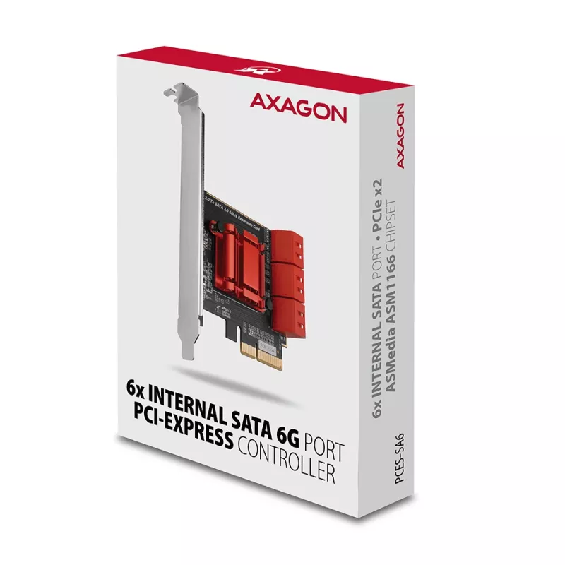 Liidesekaart AXAGON PCES-SA6 — PCIe SATA-le (ASM1166), 6 Gbit/s, täiskõrgus/madalprofiil, sisemine