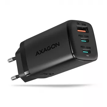 Axagon ACU-DPQ65 GaN seinadapter 65W, 3x port (USB-A + kahekordne USB-C), PD3.0/QC4+/PPS/Apple