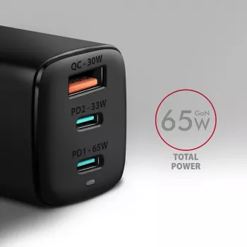 Axagon ACU-DPQ65 GaN seinadapter 65W, 3x port (USB-A + kahekordne USB-C), PD3.0/QC4+/PPS/Apple