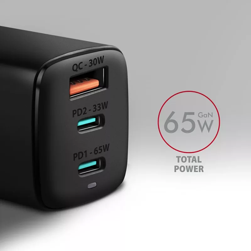 Axagon ACU-DPQ65 GaN seinadapter 65W, 3x port (USB-A + kahekordne USB-C), PD3.0/QC4+/PPS/Apple