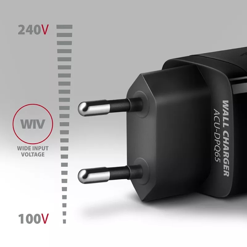 Axagon ACU-DPQ65 GaN seinadapter 65W, 3x port (USB-A + kahekordne USB-C), PD3.0/QC4+/PPS/Apple