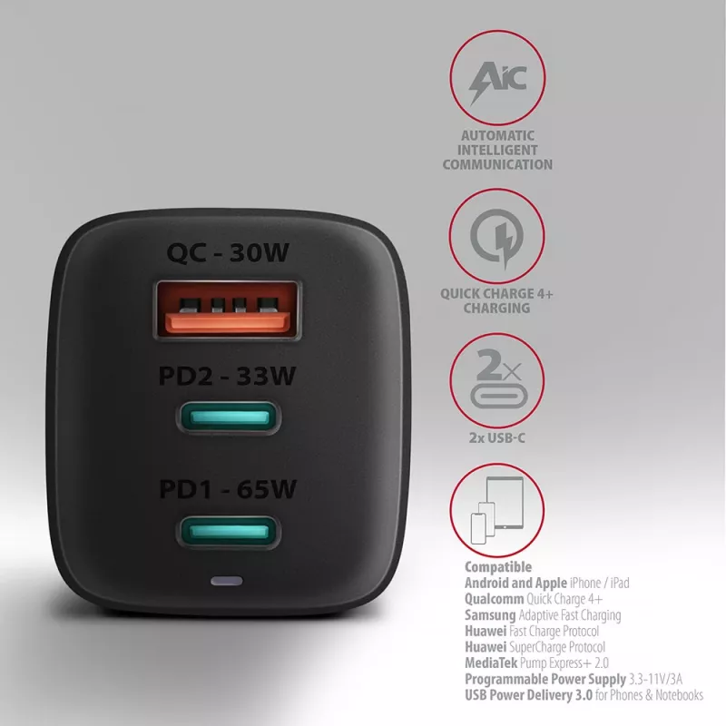 Axagon ACU-DPQ65 GaN seinadapter 65W, 3x port (USB-A + kahekordne USB-C), PD3.0/QC4+/PPS/Apple