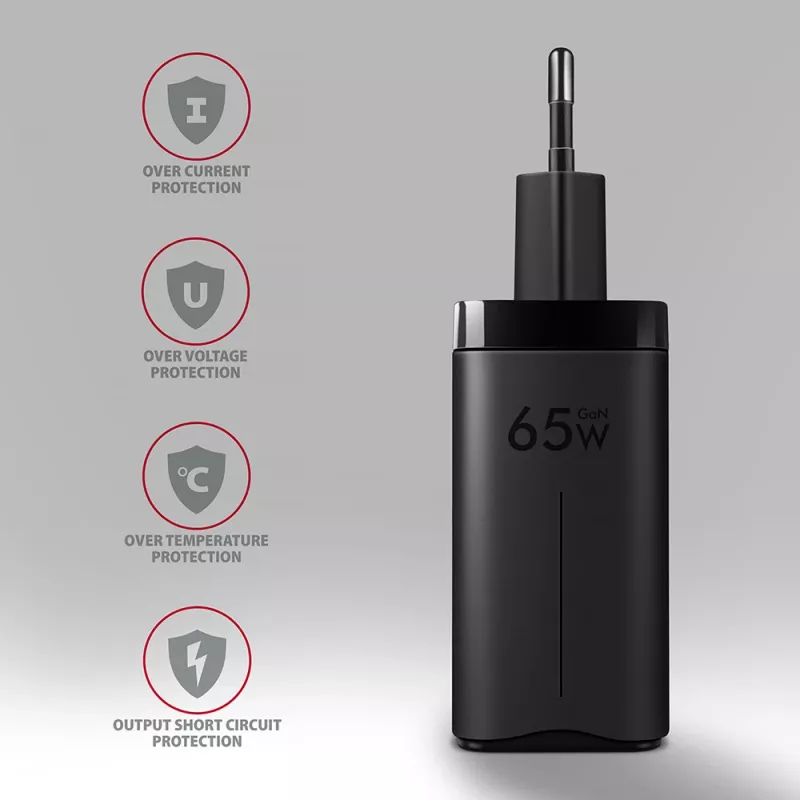 Axagon ACU-DPQ65 GaN seinadapter 65W, 3x port (USB-A + kahekordne USB-C), PD3.0/QC4+/PPS/Apple