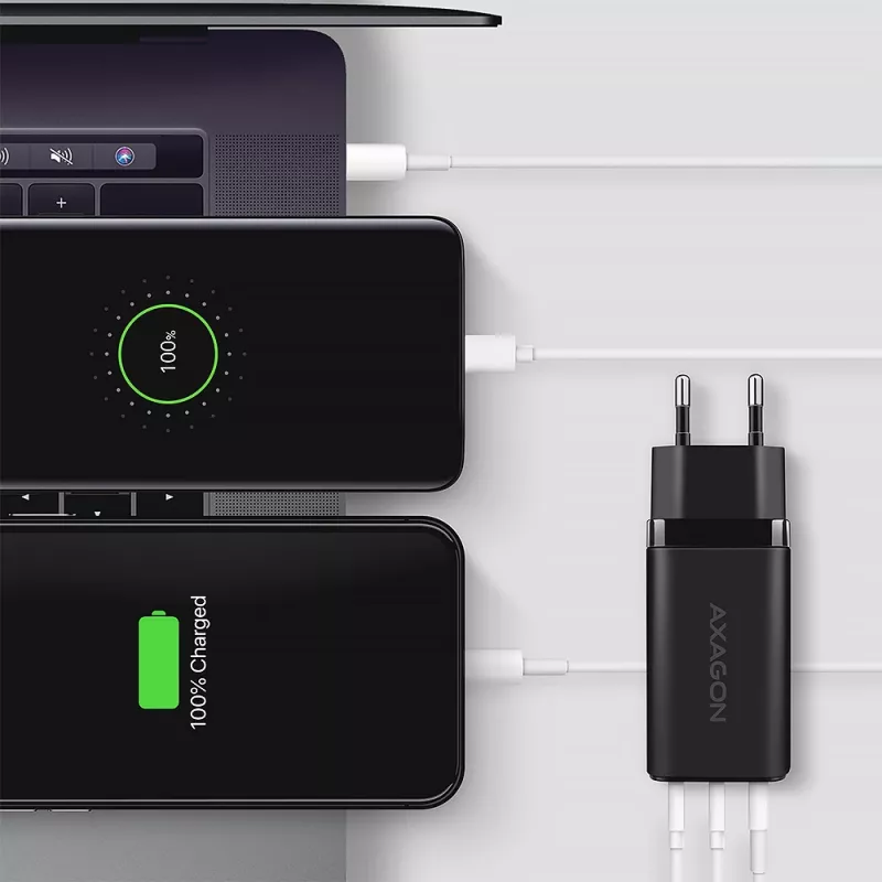 Axagon ACU-DPQ65 GaN seinadapter 65W, 3x port (USB-A + kahekordne USB-C), PD3.0/QC4+/PPS/Apple