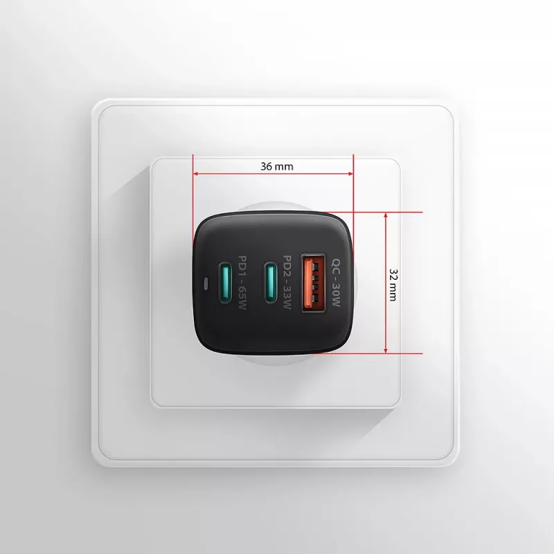 Axagon ACU-DPQ65 GaN seinadapter 65W, 3x port (USB-A + kahekordne USB-C), PD3.0/QC4+/PPS/Apple