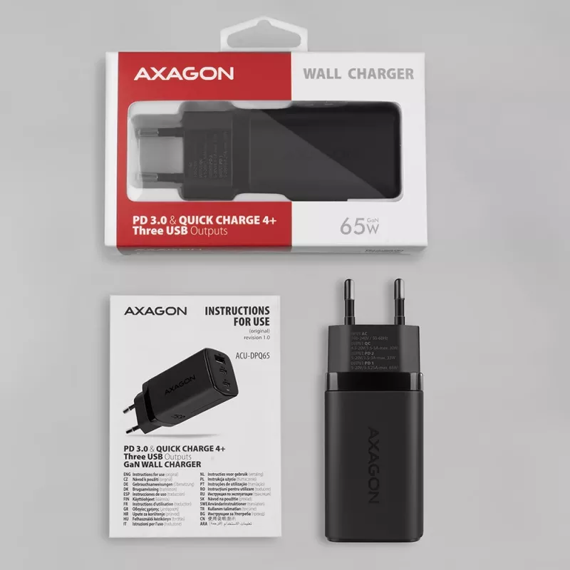 Axagon ACU-DPQ65 GaN seinadapter 65W, 3x port (USB-A + kahekordne USB-C), PD3.0/QC4+/PPS/Apple