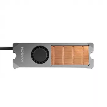 Axagon CLR-M2FAN vasest jahutusradiaator koos ventilaatoriga ühe- ja kahepoolsetele M.2 SSD-ketastele, suurus 2280, kõrgus 13 mm.