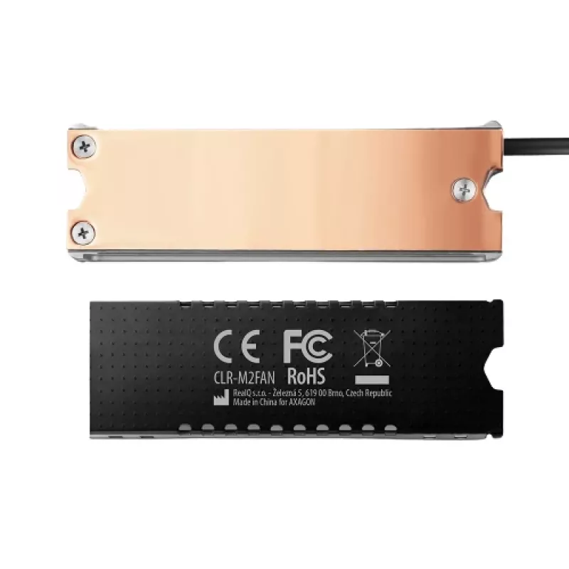 Axagon CLR-M2FAN vasest jahutusradiaator koos ventilaatoriga ühe- ja kahepoolsetele M.2 SSD-ketastele, suurus 2280, kõrgus 13 mm.